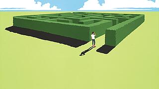 Illustration mit einem Menschen, der am Eingang zu einem Labyrinth steht
