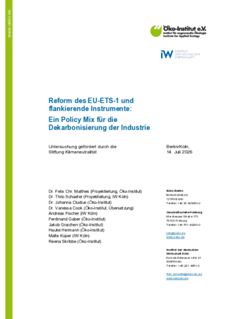 Cover der Publikation: Reform des EU-ETS-1 und flankierende Instrumente: Ein Policy Mix für die Dekarbonisierung der Industrie