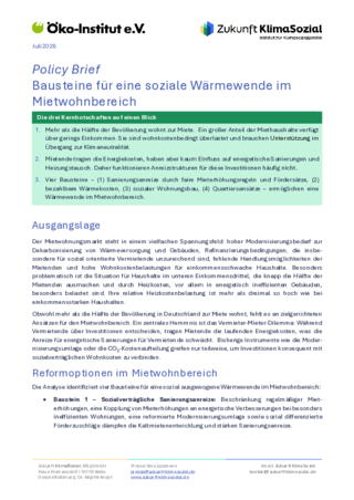 Cover der Publikation: Policy Brief - Bausteine für eine soziale Wärmewende im Mietwohnbereich