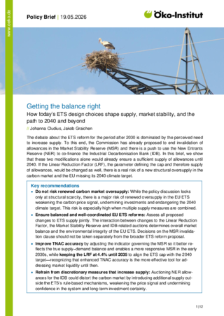 Cover der Publikation: Getting the balance right - How today’s ETS design choices shape supply, market stability, and the path to 2040 and beyond